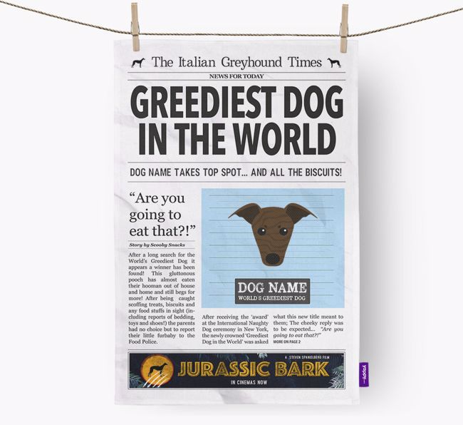 The {breedShortName} Times 'Greediest Dog In The World' Personalised Dish Towel